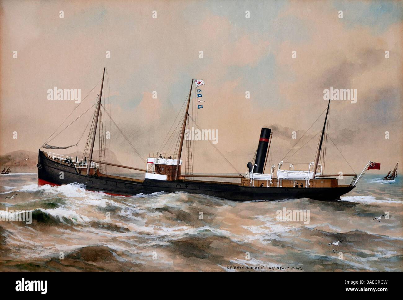 AJAXNETPHOTO. 2025, WORTHING, INGHILTERRA. - BOARDROOM ART - ACQUERELLO (C1892-1910) DELLA NAVE A VAPORE DA CARICO GENERALE COASTER 'S.S. BRIAR ROSE IN TEMPESTA AL PUNTO DI PARTENZA. IL BRIAR - SCRITTO ANCHE BRIER - ERA DI PROPRIETÀ DI R.HUGHES & CO, LIVERPOOL; IL PIROSCAFO A VITE COMPOSITO DA 497 TONNELLATE LORDE FU COSTRUITO DA JOHN SHEARER & SON, GLASGOW NEL 1892 E SCOMPARVE NEL PASSAGGIO DA BELFAST A CARDIFF CON UN CARICO DI BILLETTE IN ACCIAIO NEL MARZO 1941. NAVE MOSTRATA QUI BATTENDO BANDIERA HUGHES HOUSE E SEGNALE A QUATTRO BANDIERE CODICE INTERNAZIONALE M, P, C, W. L'ARTISTA DEL DIPINTO È SCONOSCIUTO.FOTO:AJAX NEWS & FEATURE SERVICEREF:GX9 25 Foto Stock
