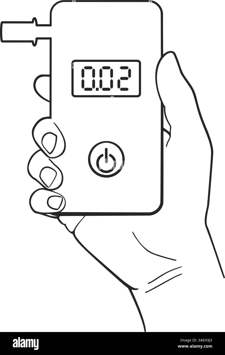 Mano che tiene in mano un dispositivo etilometro per misurare il contenuto di alcol nel sangue o alito con boccaglio e display digitale in vettore di contorno Illustrazione Vettoriale