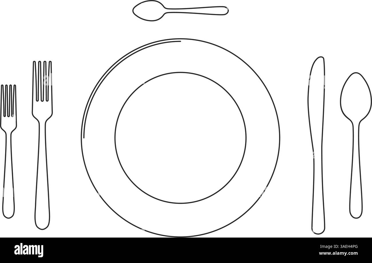 Vista dall'alto di un piatto da tavola con set completo di coltelli e forchette in vettoriale Illustrazione Vettoriale