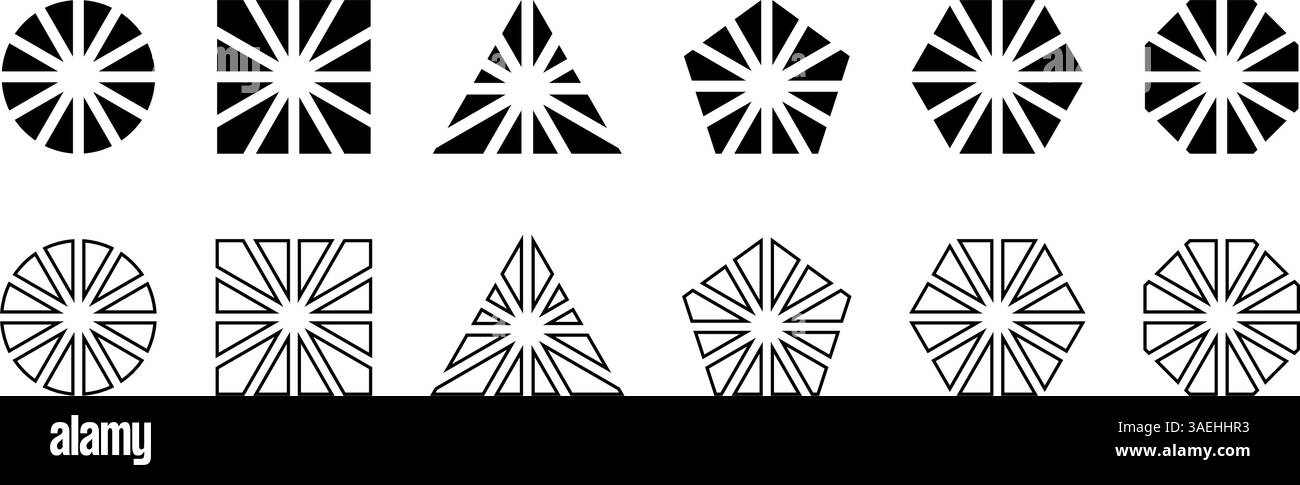 Forme geometriche divise in 12 sezioni isolate su sfondo bianco. Forme rotonde, quadrate e triangolari, pentagono ed esagonali tagliate in dodici settori. Illustrazione grafica vettoriale. Illustrazione Vettoriale