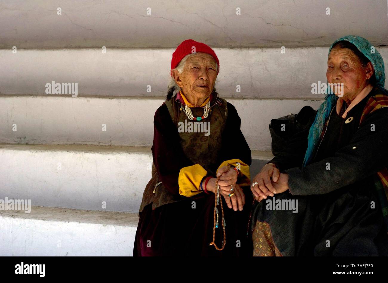 2 settembre 2011 - Ladakh, India - Una coppia di "migliori amici per sempre" che si ritrovano sui gradini di un monastero in Ladakh (immagine di credito: © Jaina Mishra/ZUMAPRESS.com) Foto Stock