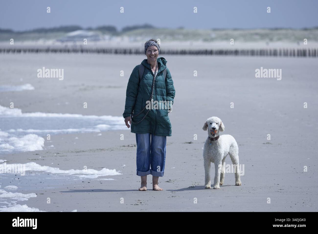 Donna a piedi nudi e con cane sulla spiaggia con il bel tempo, Groede, Zelanda, Paesi Bassi Foto Stock