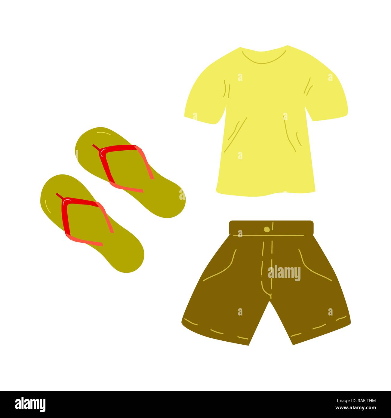 Set di abbigliamento estivo Vector outfit di tendenza per l'estate. T-shirt shorts e ardesia. Design per banner di vendita poster pagina Web pubblicità di materiali stampati. Illustrazione Vettoriale