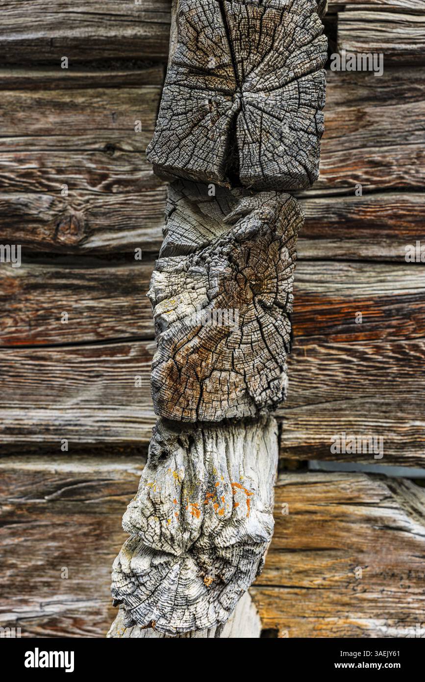 Travi intemprate su un vecchio fienile, villaggio di montagna di Zinal, Val d'Anniviers, Alpi Vallese, Canton Vallese, Svizzera, Europa Foto Stock