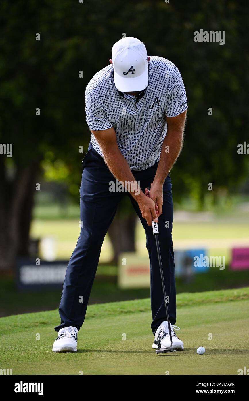 Doral, Stati Uniti. 6 aprile 2025. Dustin Johnson, capitano dei putt 4Aces GC durante l'ultima giornata del LIV Golf Invitational 2025 - Miami al Trump National Golf Course il 6 aprile 2025 a Doral, Florida. (Foto di JC Ruiz/Sipa USA) credito: SIPA USA/Alamy Live News Foto Stock