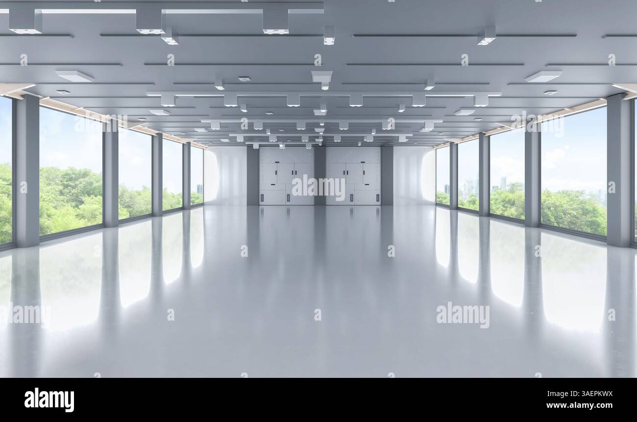 Concetto di spazio per ufficio ecologico con rendering 3d spazio per ufficio vuoto o spazio di lavoro con vista verde sullo sfondo della città Foto Stock