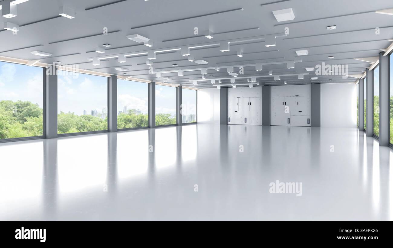 Concetto di spazio per ufficio ecologico con rendering 3d spazio per ufficio vuoto o spazio di lavoro con vista verde sullo sfondo della città Foto Stock