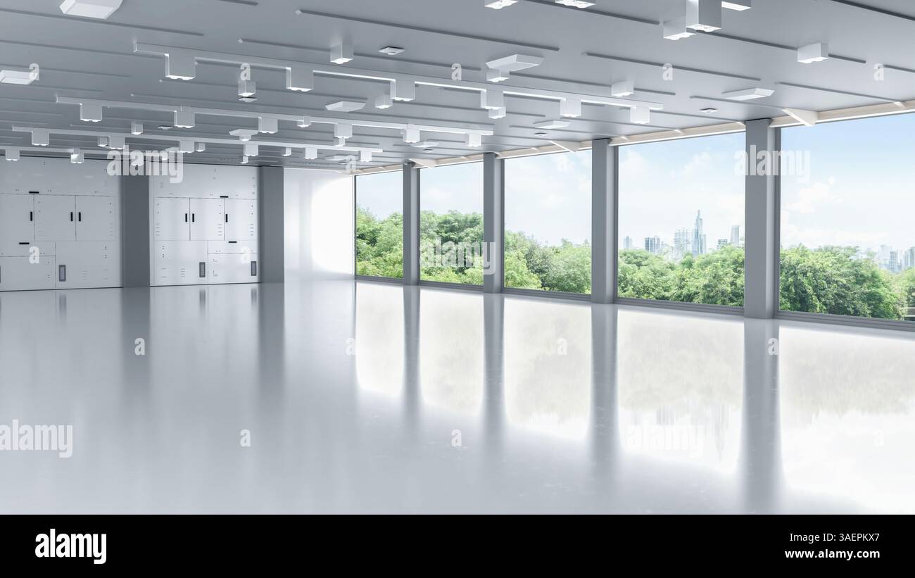 Concetto di spazio per ufficio ecologico con rendering 3d spazio per ufficio vuoto o spazio di lavoro con vista verde sullo sfondo della città Foto Stock