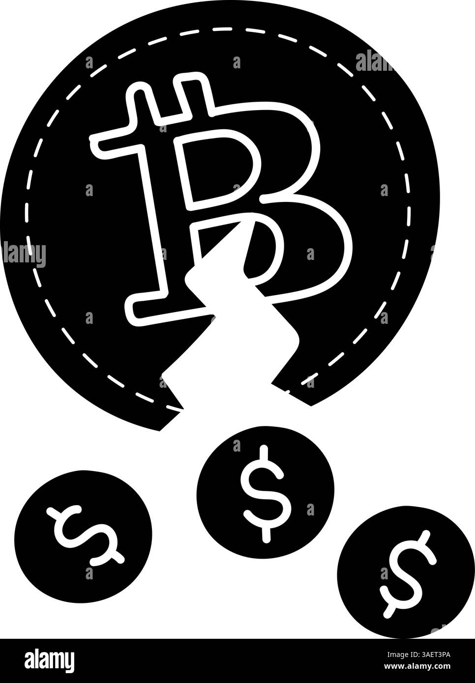 Moneta di criptovaluta Bitcoin e icona a mano nera del dollaro disegnata Illustrazione Vettoriale