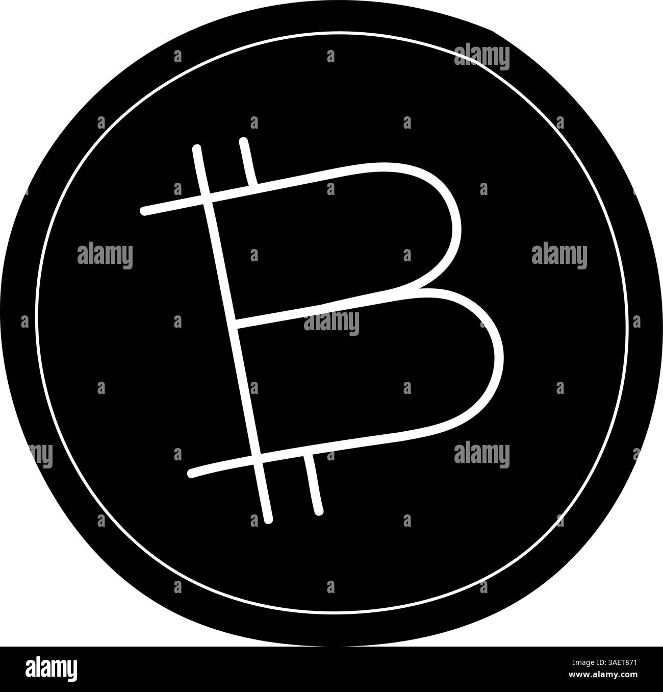 Icona nera disegnata a mano della criptovaluta Bitcoin Illustrazione Vettoriale