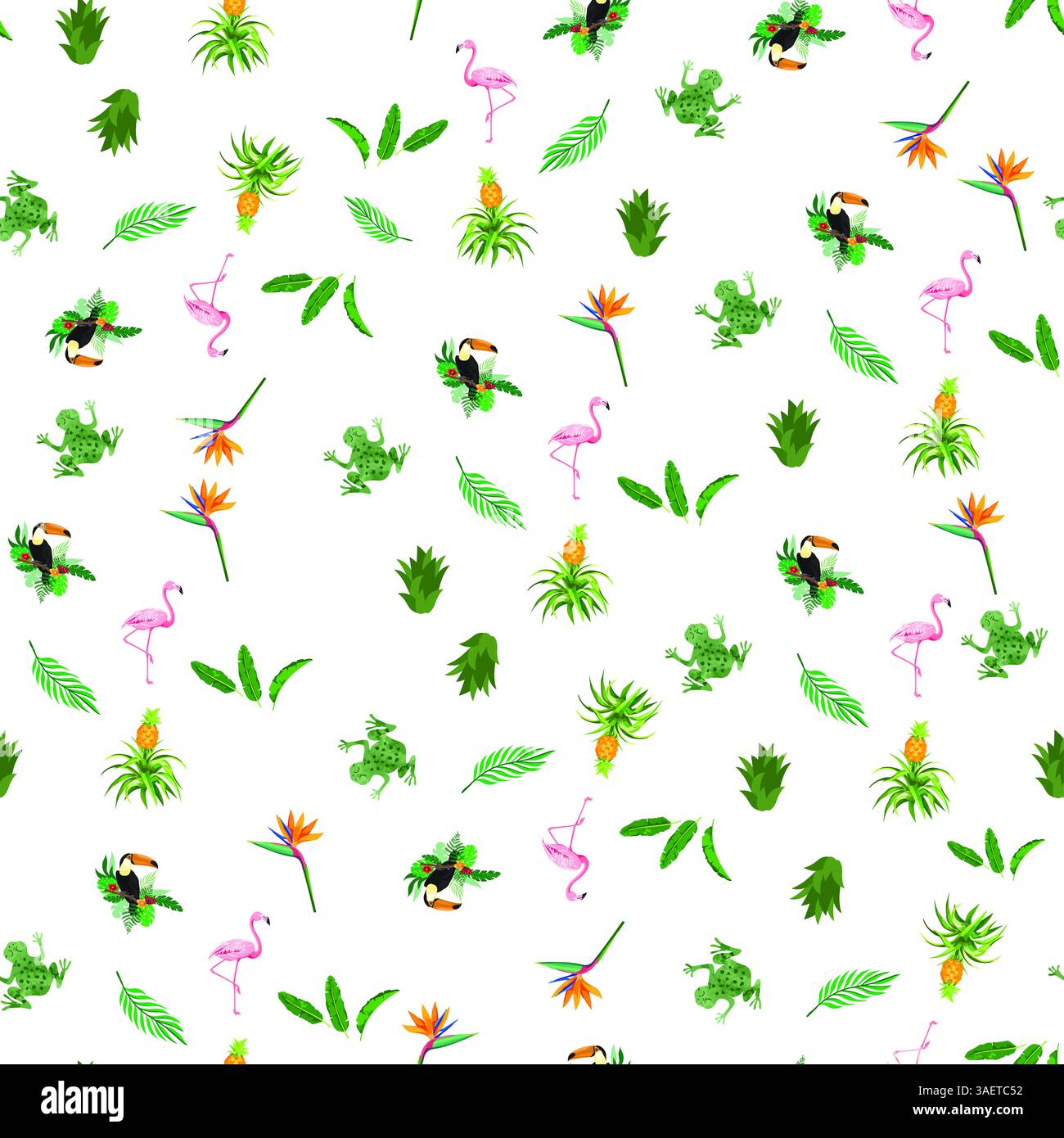 Vivace motivo tropicale caratterizzato da fenicotteri, tucani, rane e flora esotica, che donano una vibrante atmosfera da giungla a qualsiasi design Foto Stock