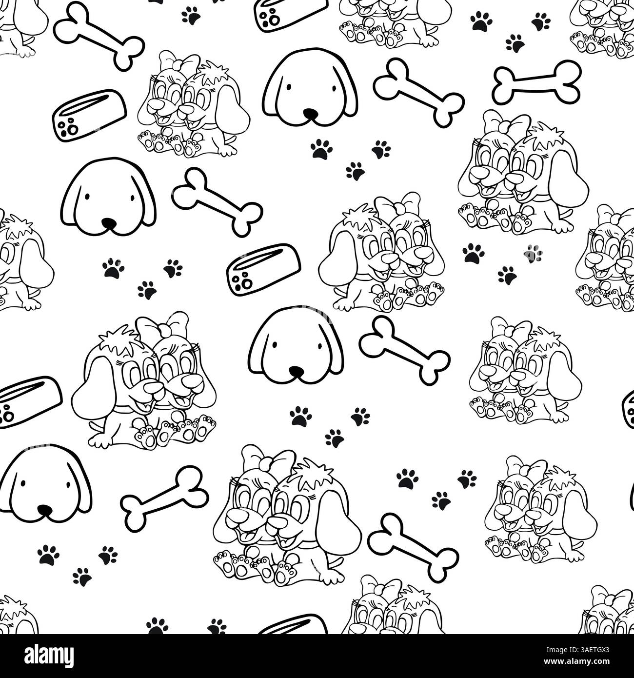 Adorabile motivo in bianco e nero con carini cani da cartone animato, ossa, impronte di zampe e ciotole, perfetto per un design affascinante e divertente Foto Stock