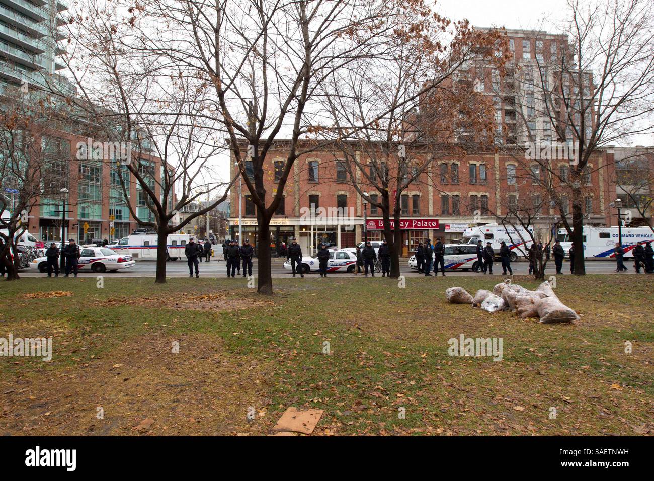 23 novembre 2011 - Toronto, Ontario, Canada - 8:30 - le unità tattiche della polizia di Toronto sono viste senza caschi o scudi, mobilitandosi intorno al fianco orientale del St. James Park. (Immagine di credito: © Chris Drost/ZUMAPRESS.com) Foto Stock