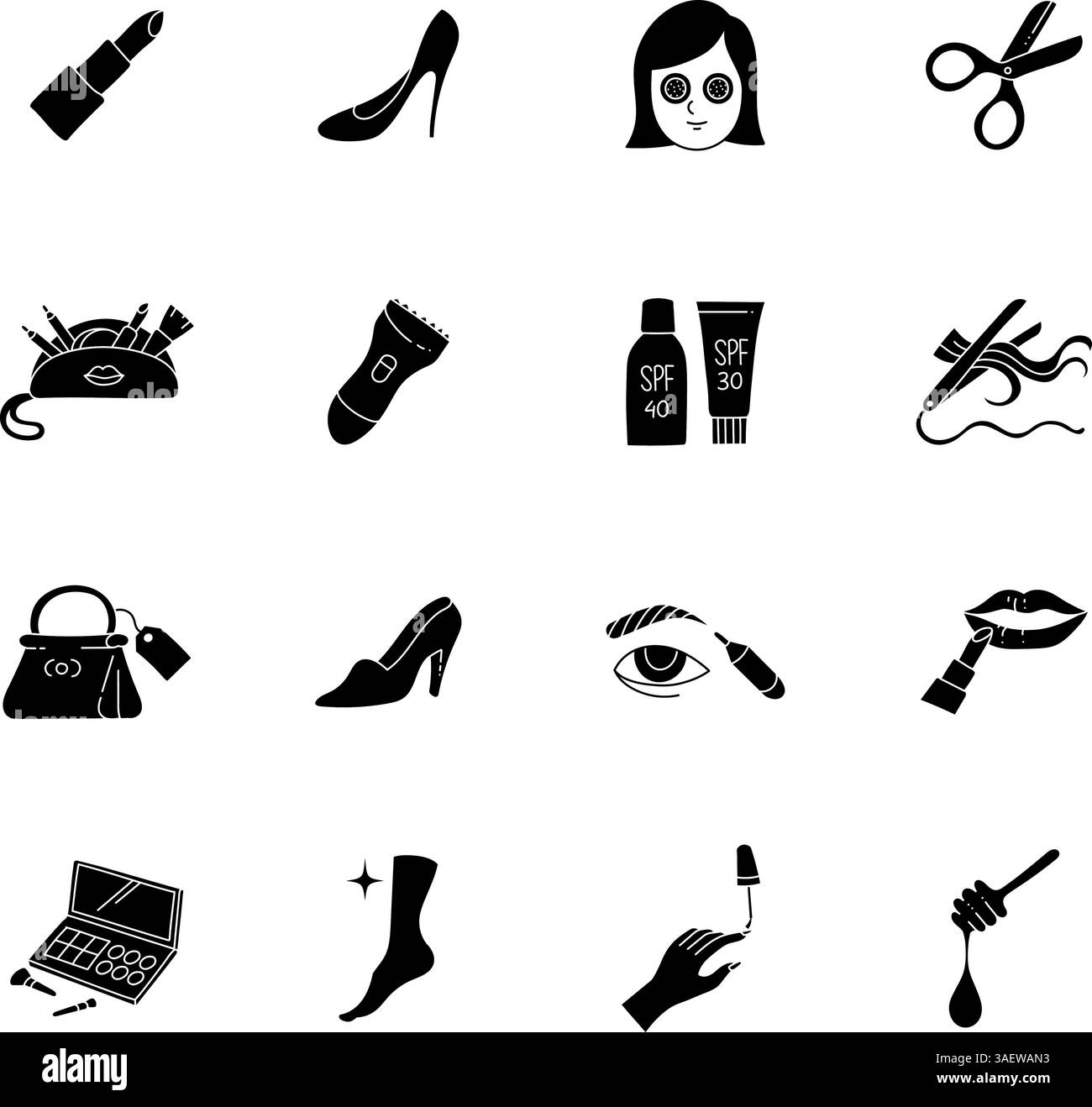 set icone di trattamento di bellezza per donne disegnate a mano nere Illustrazione Vettoriale