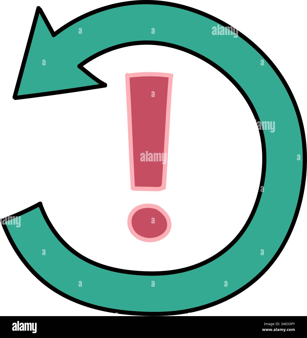 illustrazione del vettore di colore disegnata a mano con freccia in senso antiorario con punto esclamativo Illustrazione Vettoriale