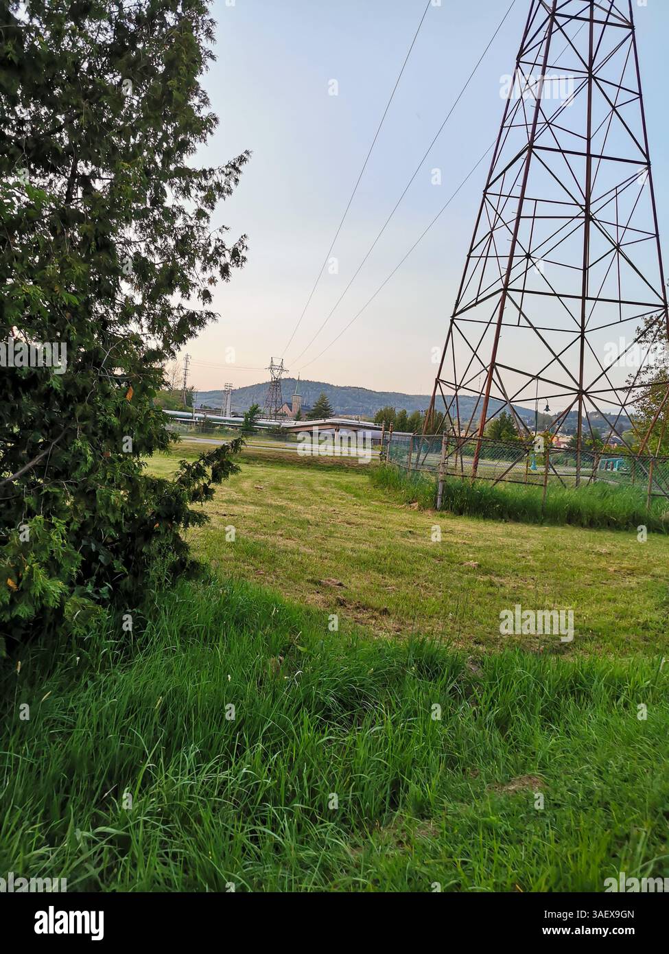 Scenario di campagna con erba verde, alti piloni elettrici e colline lontane sotto un cielo sereno, che fondono natura e infrastrutture Foto Stock