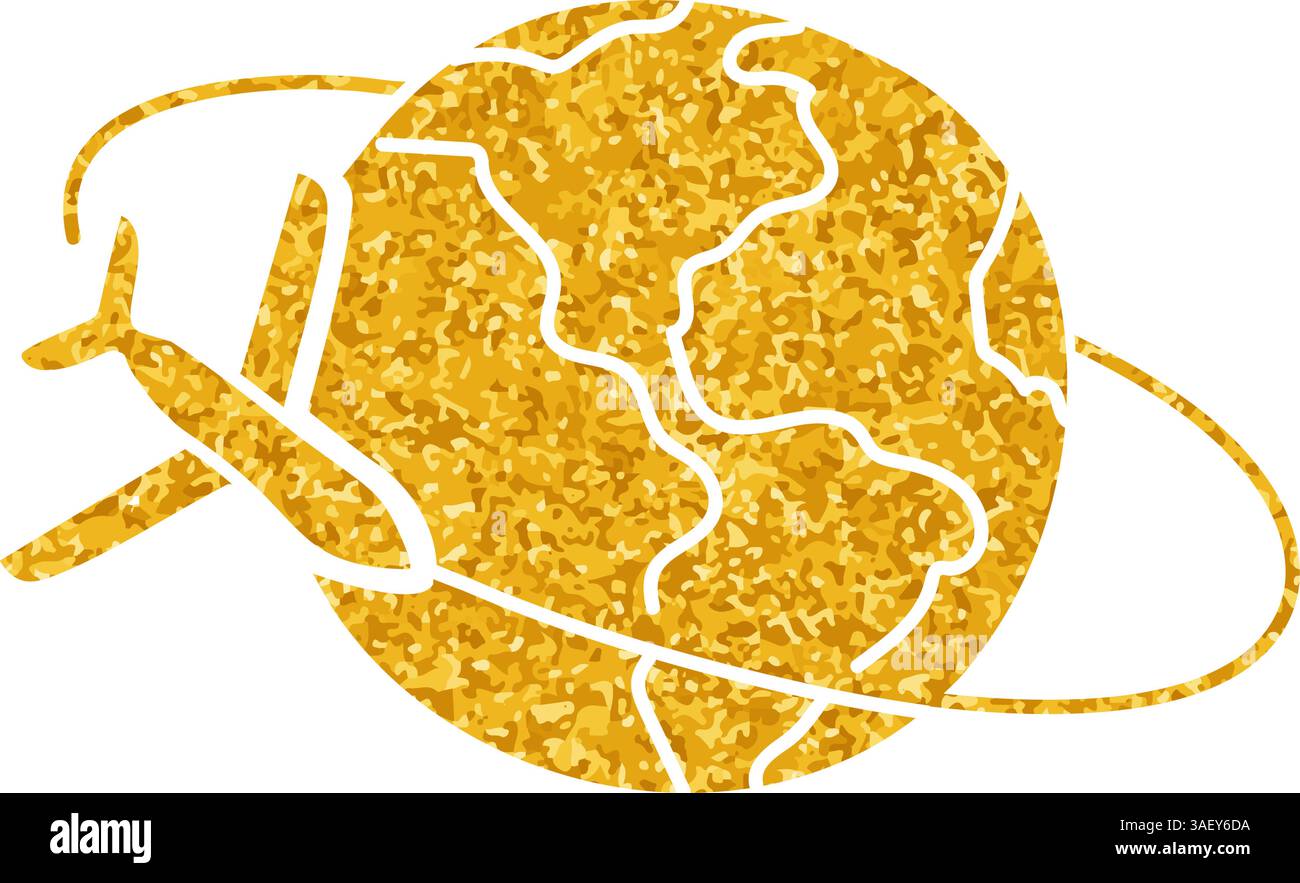 Aeroplano in orbita intorno al disegno della terra in stile oro Illustrazione Vettoriale