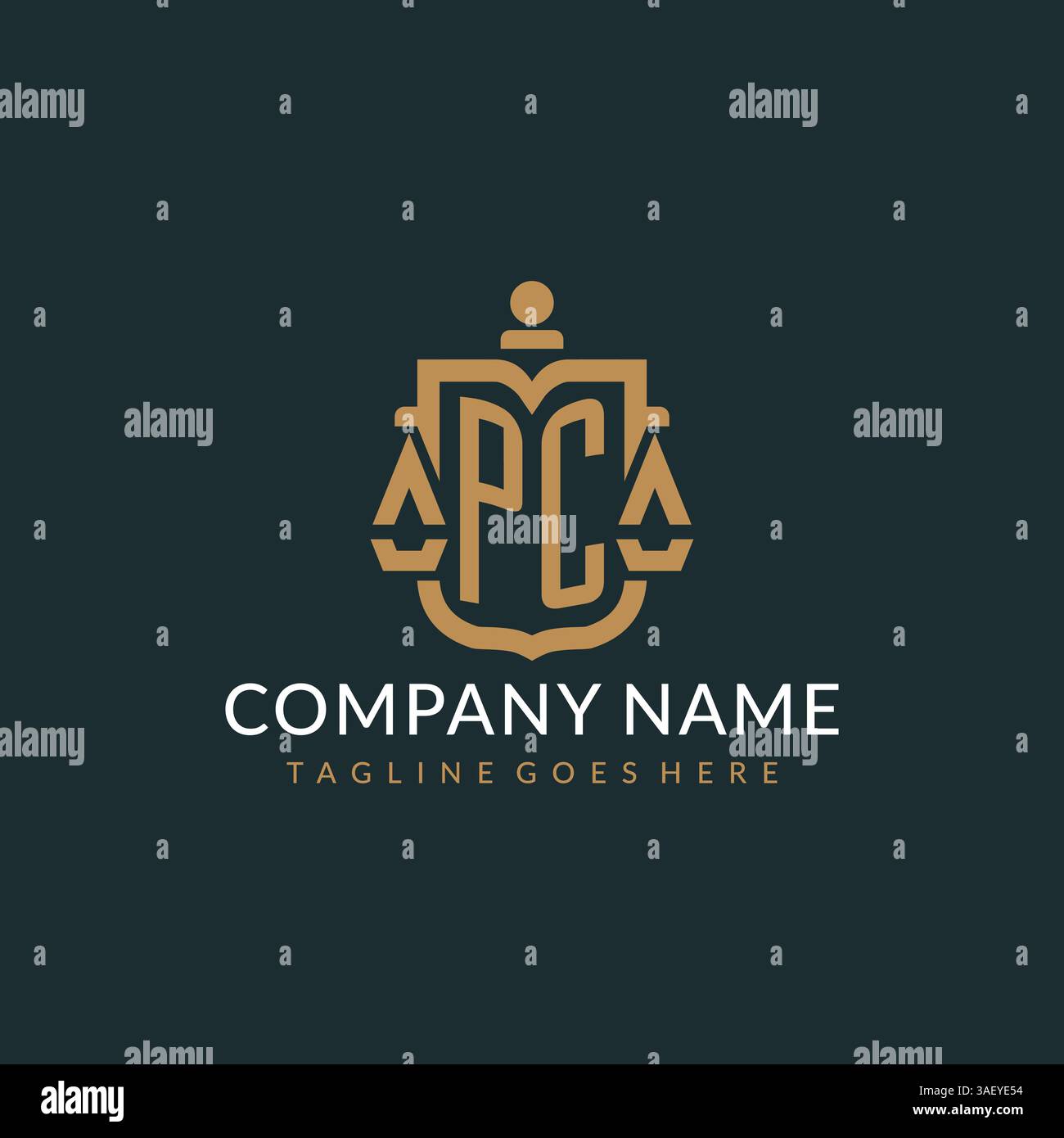 Logo PC iniziale per studio legale con scala moderna di lusso e grafica vettoriale con logo con icona a scudo Illustrazione Vettoriale