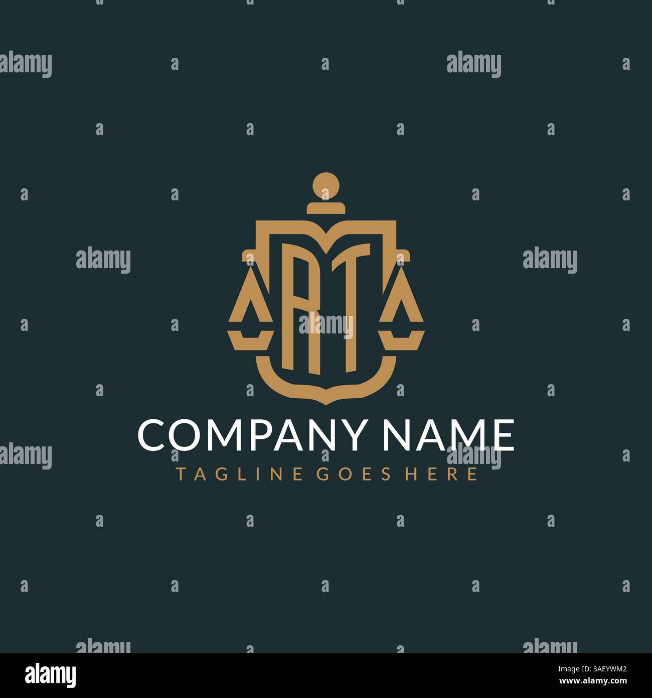 Logo RT iniziale per lo studio legale con scala moderna di lusso e grafica vettoriale con logo con icona a scudo Illustrazione Vettoriale