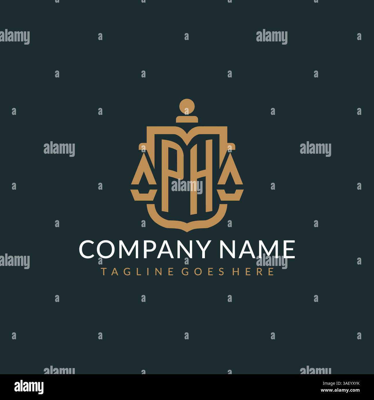 Logo PH iniziale per lo studio legale con scala moderna di lusso e logo con logo a scudo grafico vettoriale Illustrazione Vettoriale