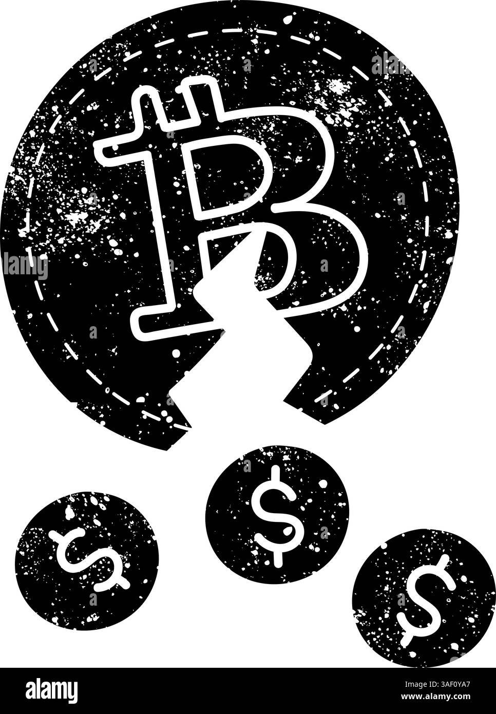 Moneta di criptovaluta Bitcoin e icona a mano nera del dollaro disegnata in un look grunge Illustrazione Vettoriale
