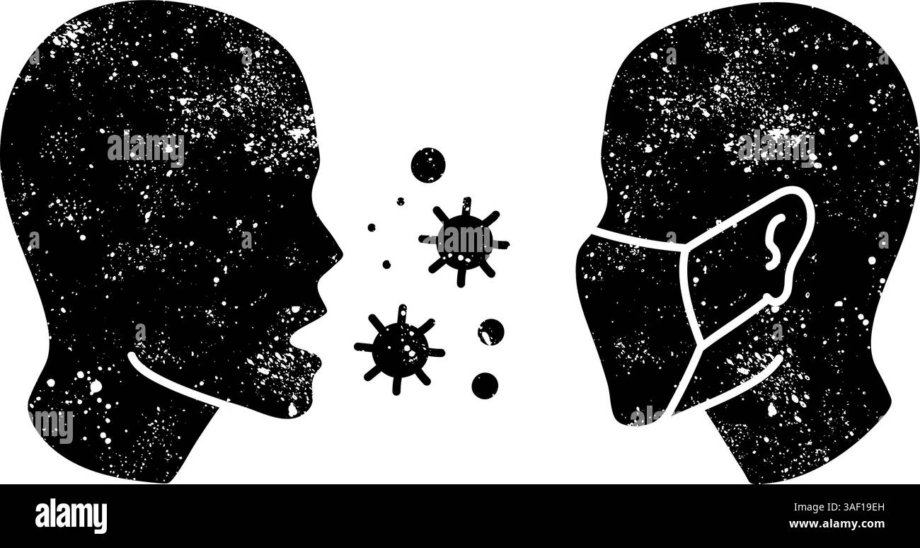 Mascherato uomo e uomo malato icona maschera di protezione nero mano disegnato icona in grunge look Illustrazione Vettoriale