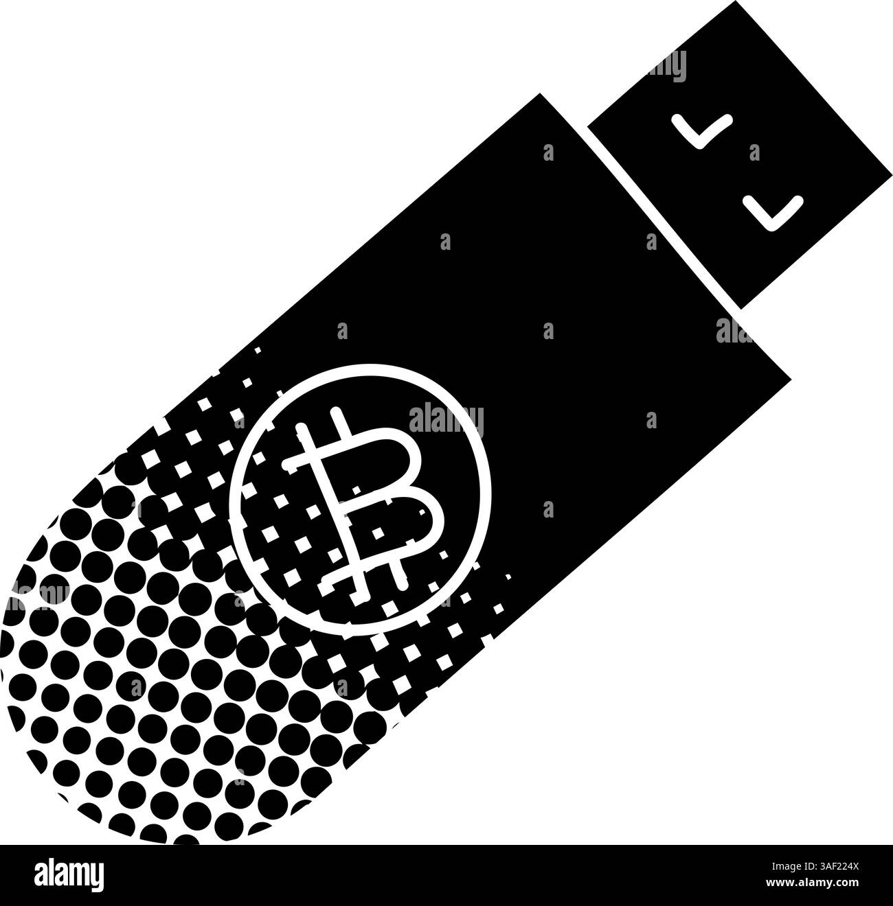 Icona nera disegnata a mano con il concetto di portafoglio hardware offline per criptovaluta Bitcoin in stile texture a mezzitoni Illustrazione Vettoriale