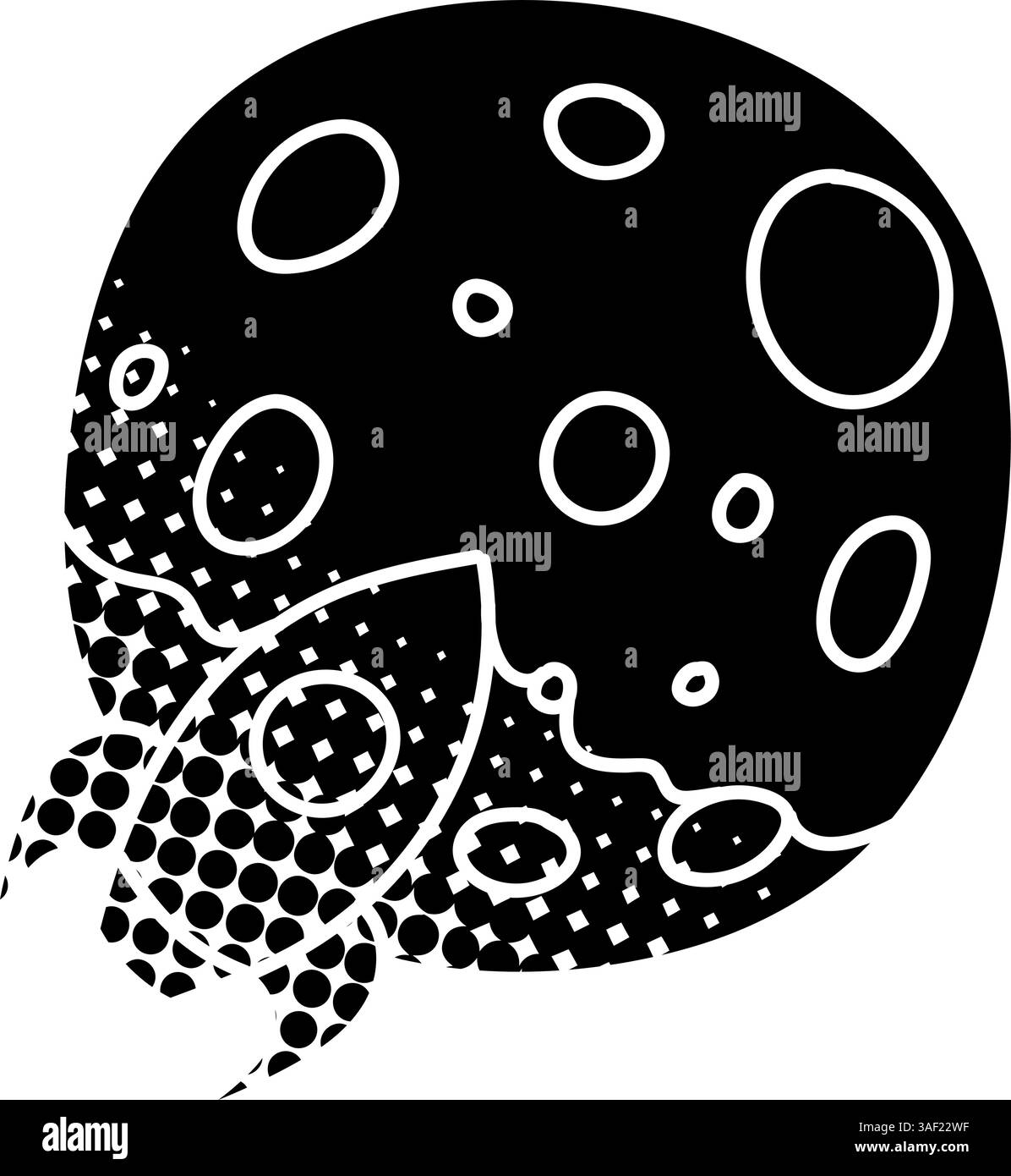 Rocket Anad Planet icona della luna Concept cripto moneta nera disegnata a mano in stile mezzitoni Illustrazione Vettoriale