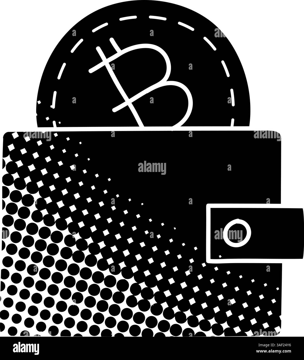 Icona nera disegnata a mano con il concetto di portafogli di criptovaluta Bitcoin in stile texture a mezzitoni Illustrazione Vettoriale