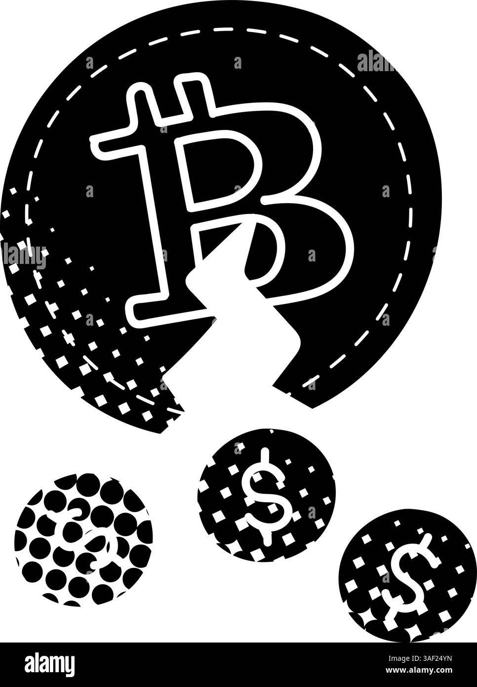 Moneta di criptovaluta Bitcoin e icona di colore nero del dollaro disegnata a mano in stile mezzitoni Illustrazione Vettoriale