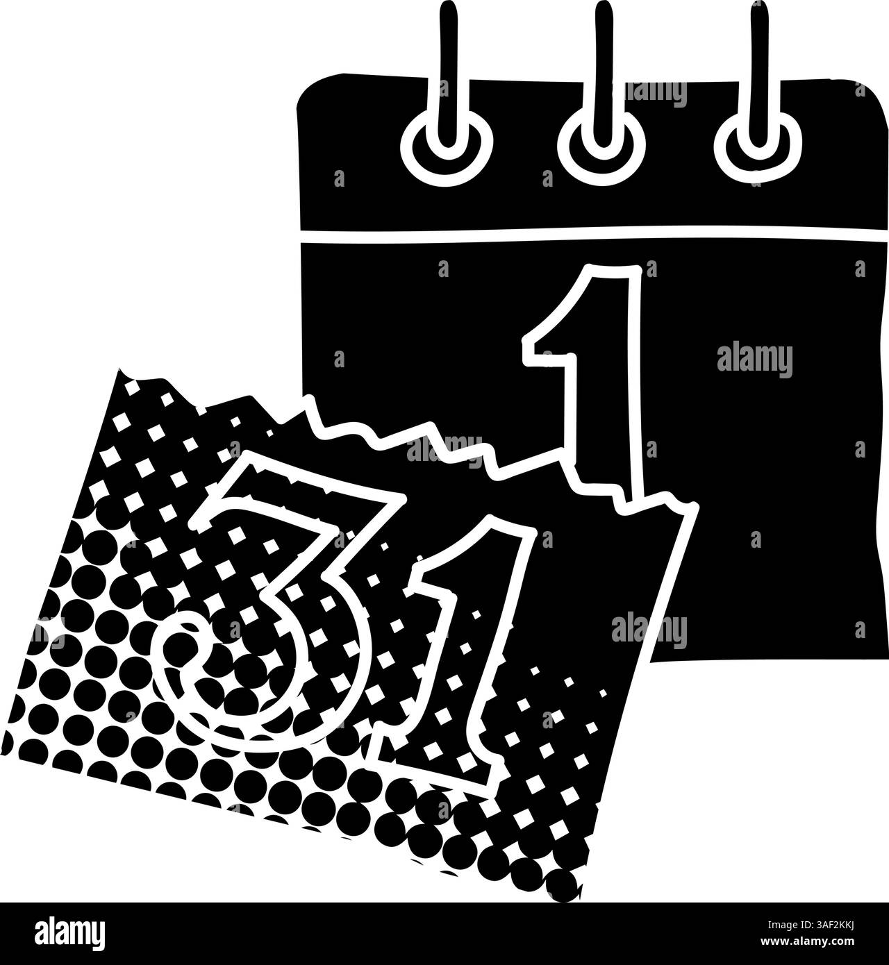 Icona nera disegnata a mano con il calendario dell'anno nuovo in stile mezzitoni Illustrazione Vettoriale