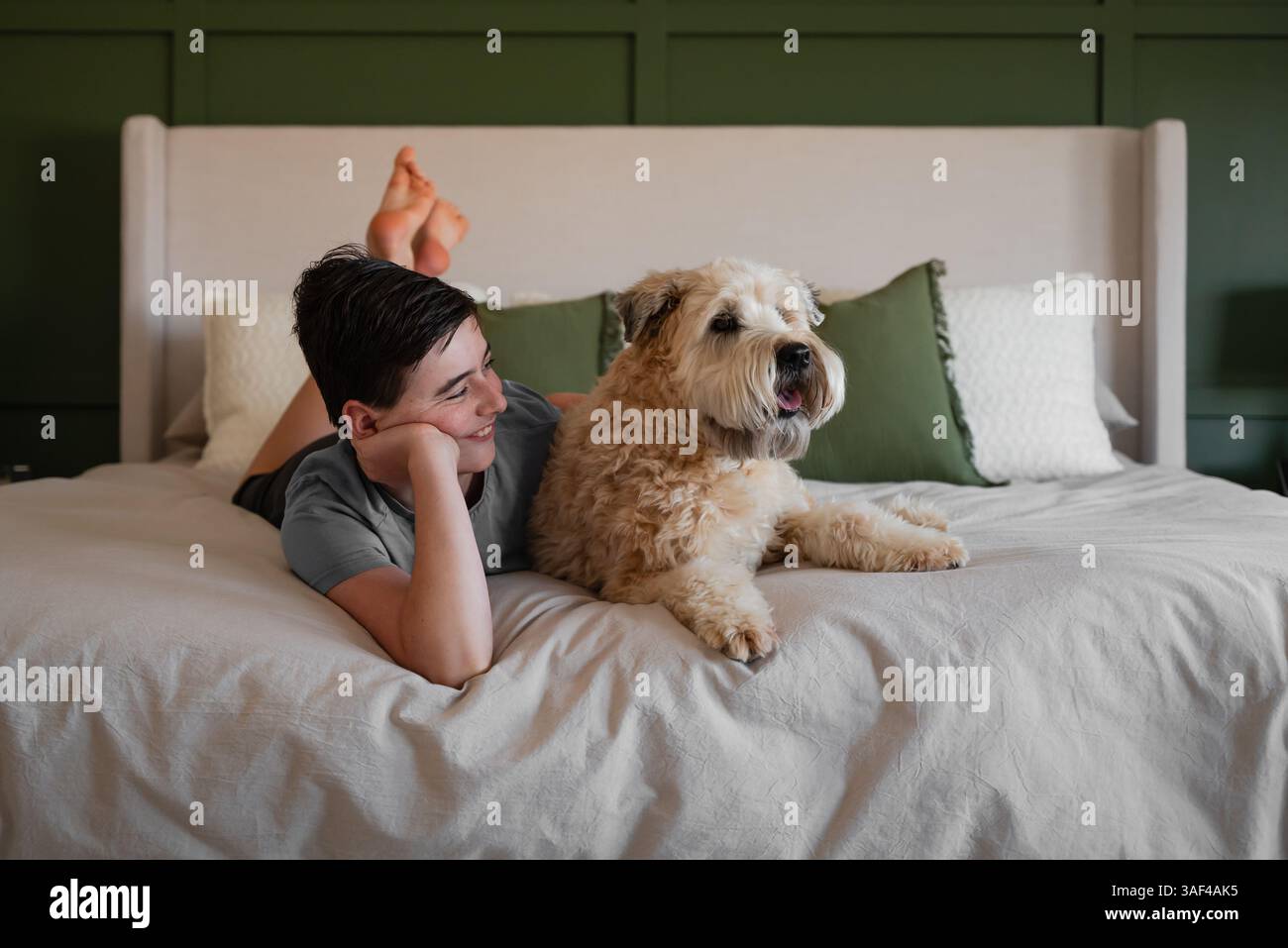 Teen boy e cane soffice che si rilassano sul letto a casa insieme. Foto Stock Teen boy e cane soffice che si rilassano sul letto a casa insieme. Foto Stock