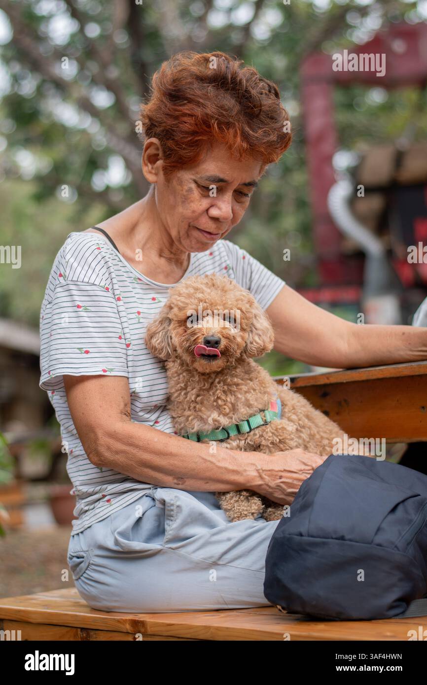 Una donna anziana tiene in mano Un cane piccolo mentre è seduta in Un Food Park Foto Stock