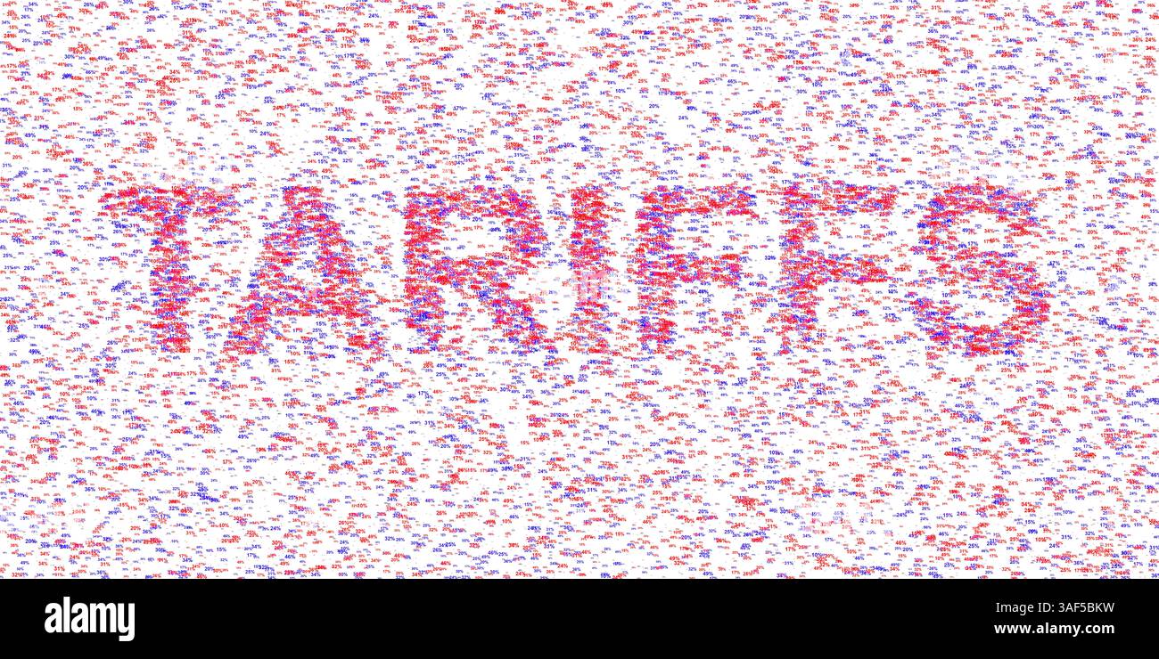 Un campo di numeri rossi e blu e segni di percentuale che formano la parola "TARIFFE" - un esempio simbolico di guerre commerciali, tasse sulle importazioni e sulle esportazioni. Foto Stock