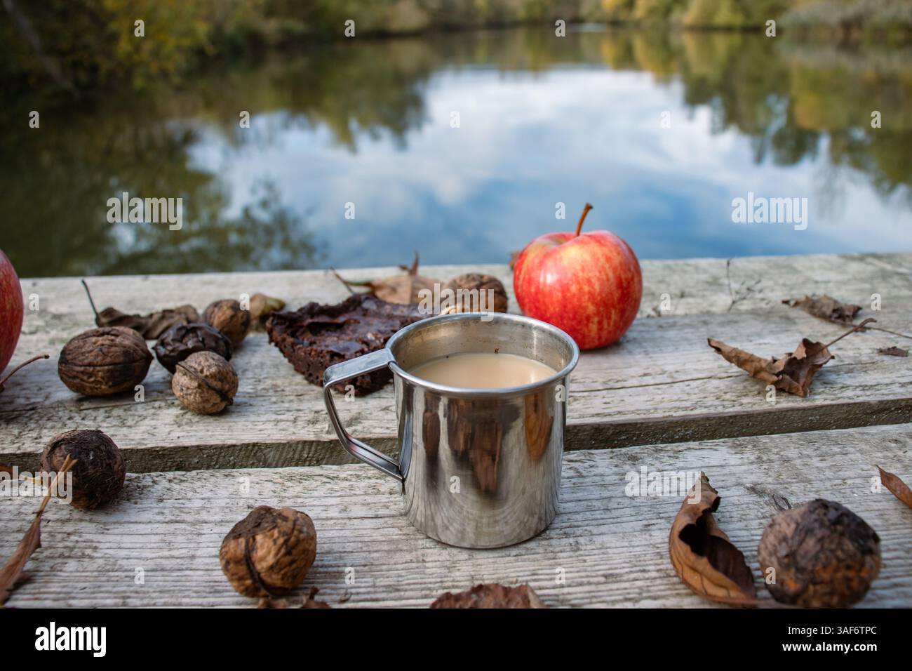 Picnic sul lago tranquillo. Tazza di metallo con caffè caldo o tee sul molo di legno sul tranquillo lago. Paesaggio naturale autunnale. Mele rosse, foglie autunnali Foto Stock