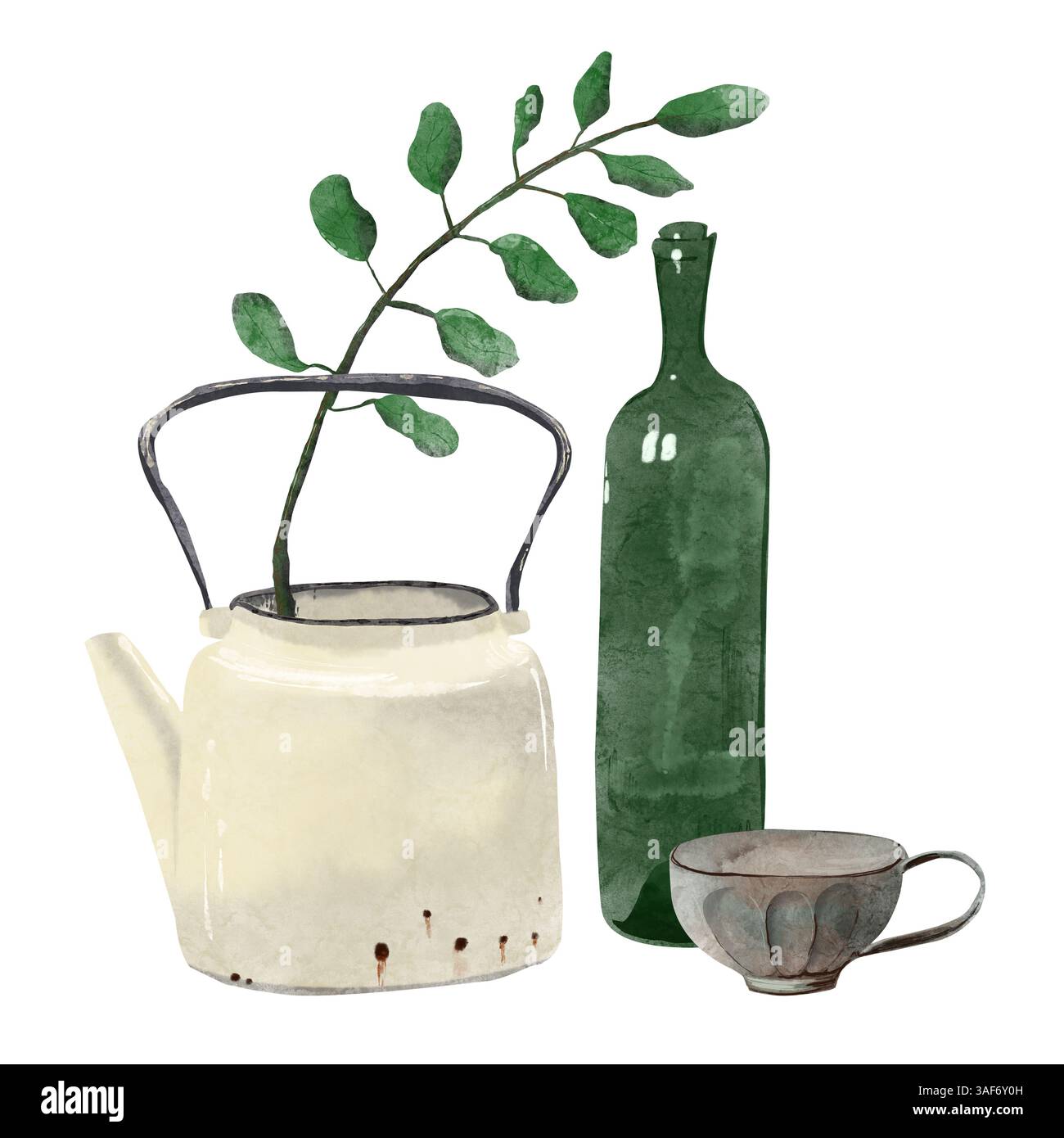 Natura morta rustica con una vecchia teiera, bottiglia di vetro verde e tazza in ceramica, dipinta con morbide texture acquerello. Un ramoscello frondoso nella teiera. Foto Stock
