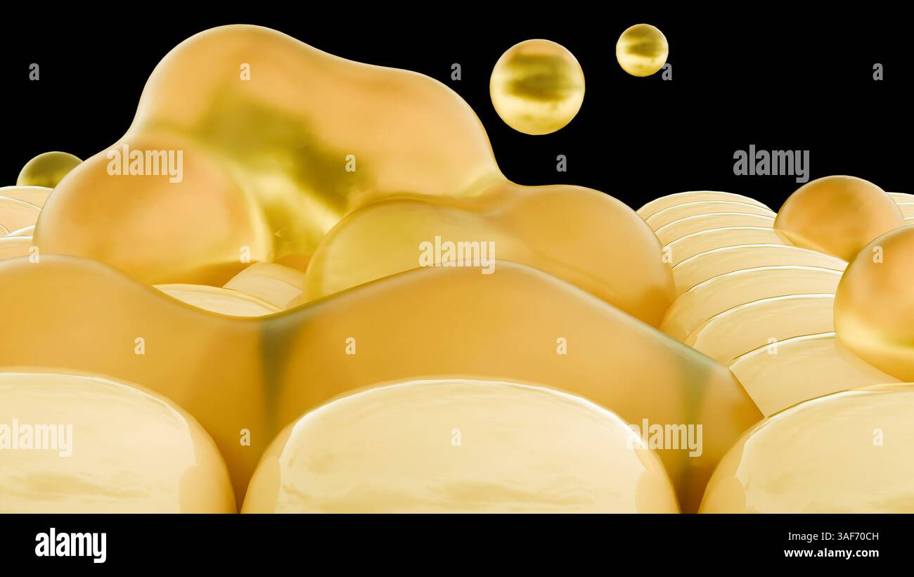 Rendering in 3D dell'ingrediente grezzo, dei chicchi di mais e di uno sciroppo di mais ad alto contenuto di fruttosio (HFC). Foto Stock