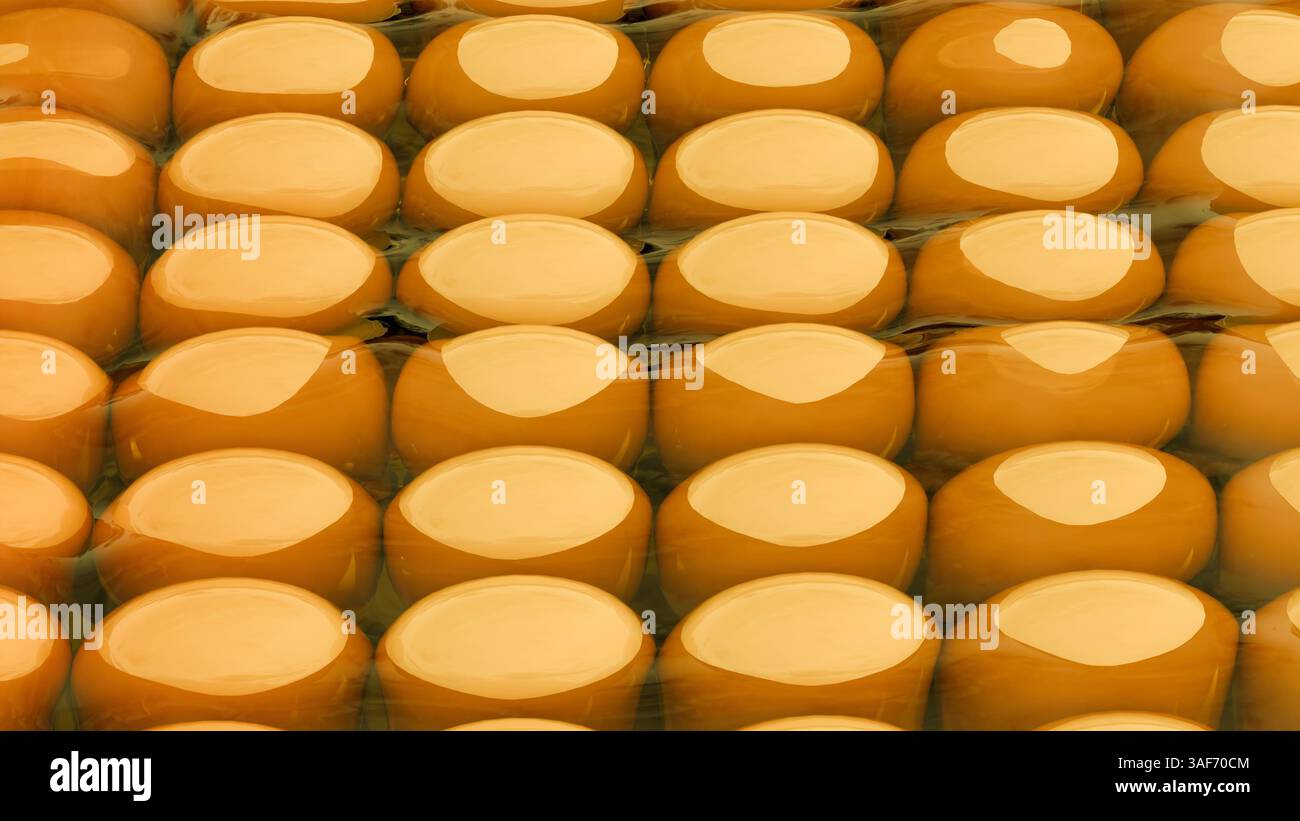 Rendering in 3D dell'ingrediente grezzo, dei chicchi di mais e di uno sciroppo di mais ad alto contenuto di fruttosio (HFC). Foto Stock