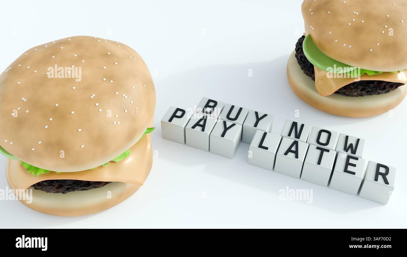 Rendering in 3d di hamburger e blocchi cubi bianchi con le parole "ACQUISTA PAGA ORA PIÙ TARDI". Normalizzazione del debito per gli elementi essenziali. Foto Stock