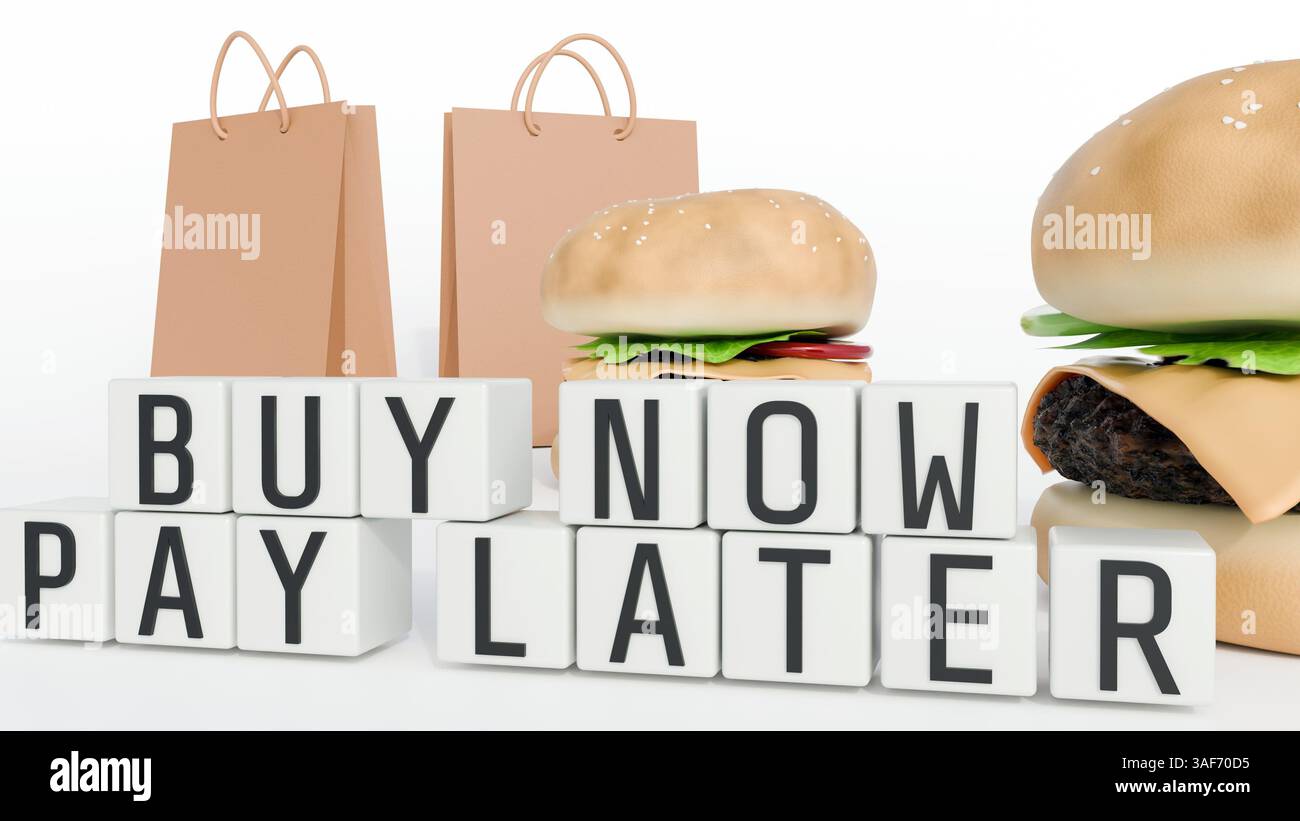 Rendering in 3d di hamburger e blocchi cubi bianchi con le parole "ACQUISTA PAGA ORA PIÙ TARDI". Normalizzazione del debito per gli elementi essenziali. Foto Stock