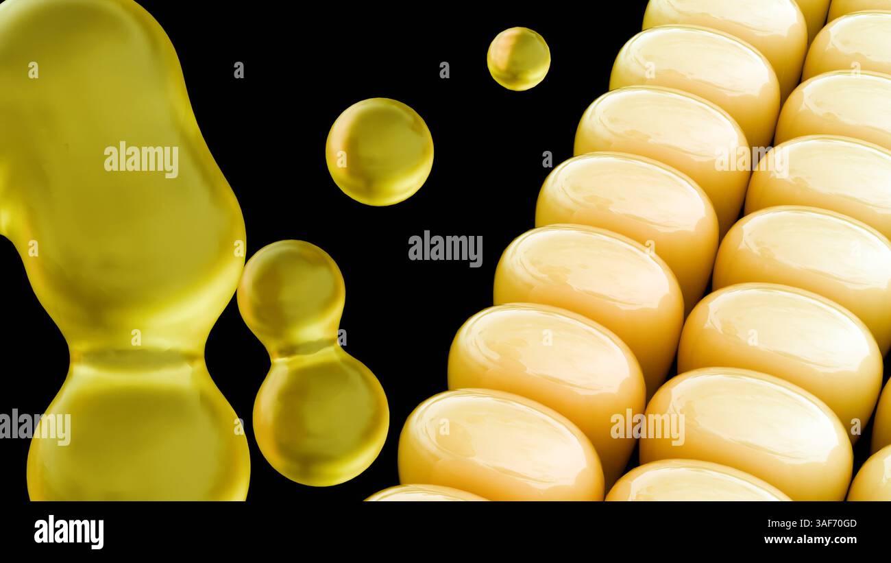 Rendering in 3D dell'ingrediente grezzo, dei chicchi di mais e di uno sciroppo di mais ad alto contenuto di fruttosio (HFC). Foto Stock