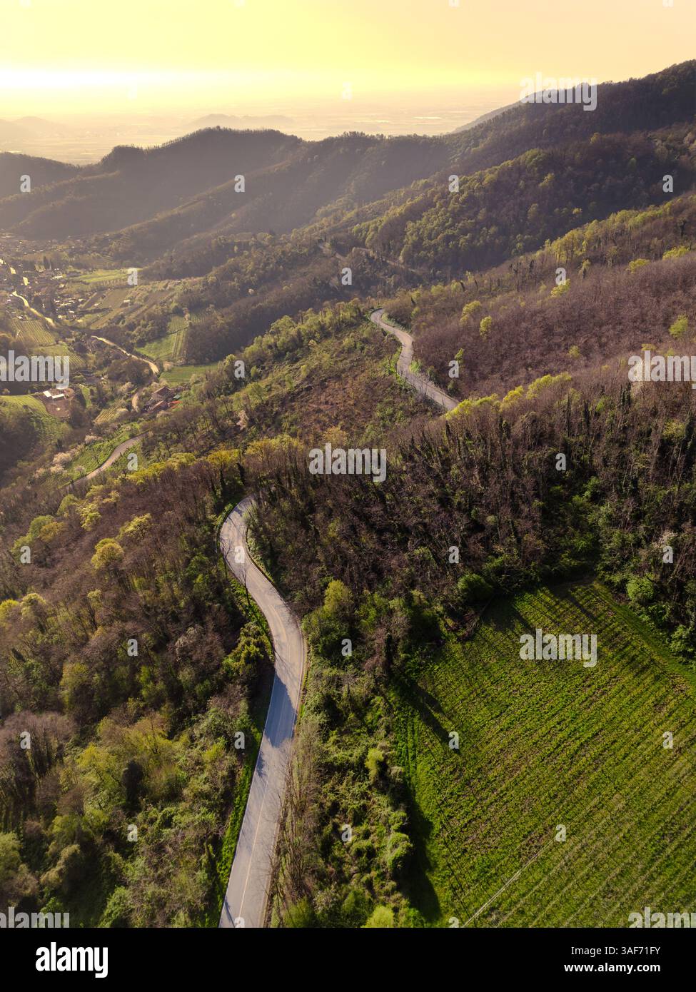 Vista aerea della strada laterale di montagna che si snoda lungo il lato di una collina verso il sole nascente scattato alla luce dell'ora dorata dei Colli Euganei di Galzignano Terme Foto Stock