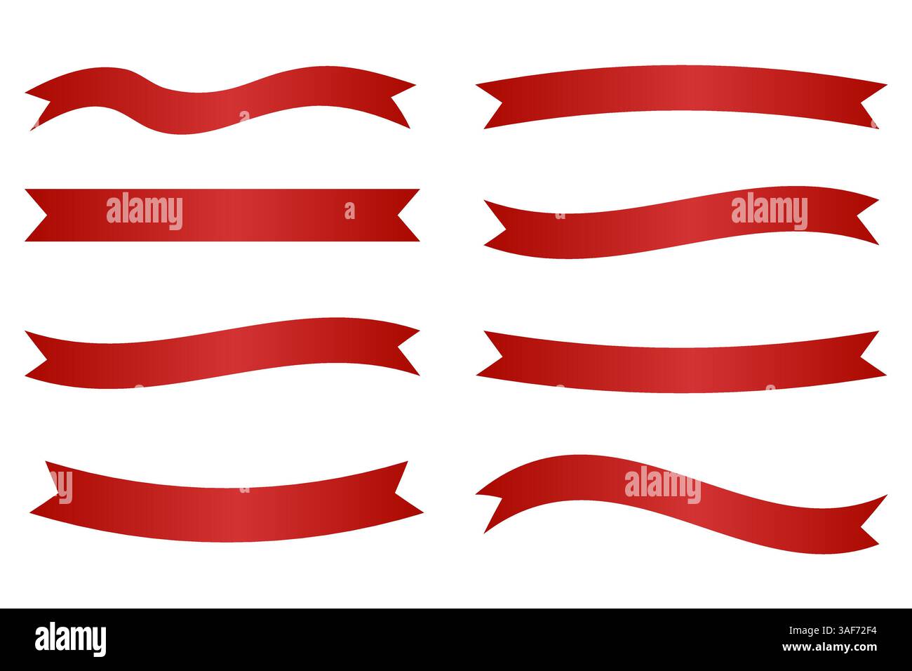 Un set di eleganti striscioni a nastro rossi con varie forme e curve, perfetti per elementi decorativi in inviti, biglietti d'auguri, poster e cifre Illustrazione Vettoriale