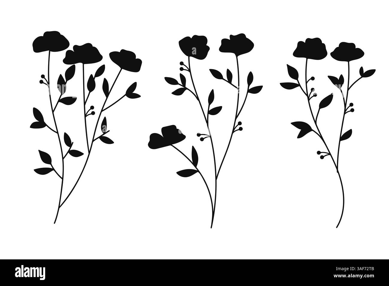 Silhouette fiori con foglie collezione botanica. Illustrazioni vettoriali. Illustrazione Vettoriale