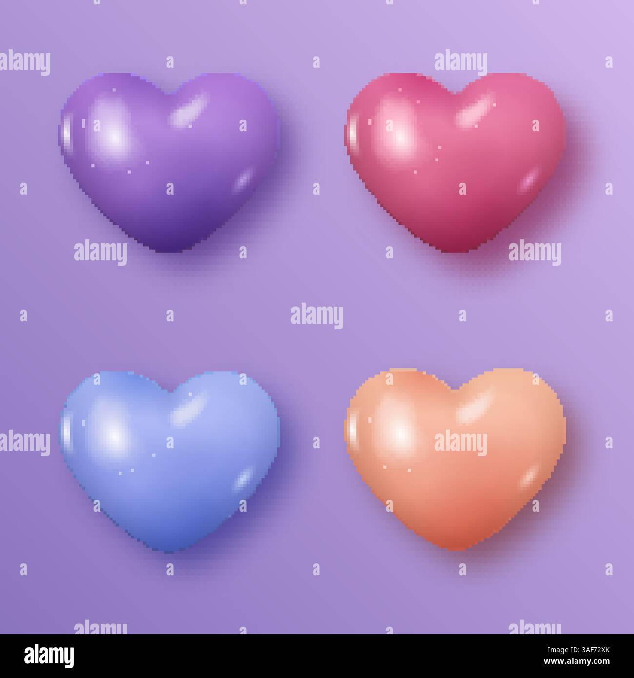 Quattro cuori lucidi e vivaci in viola, rosa, blu e arancione disposti su un morbido sfondo viola Illustrazione Vettoriale