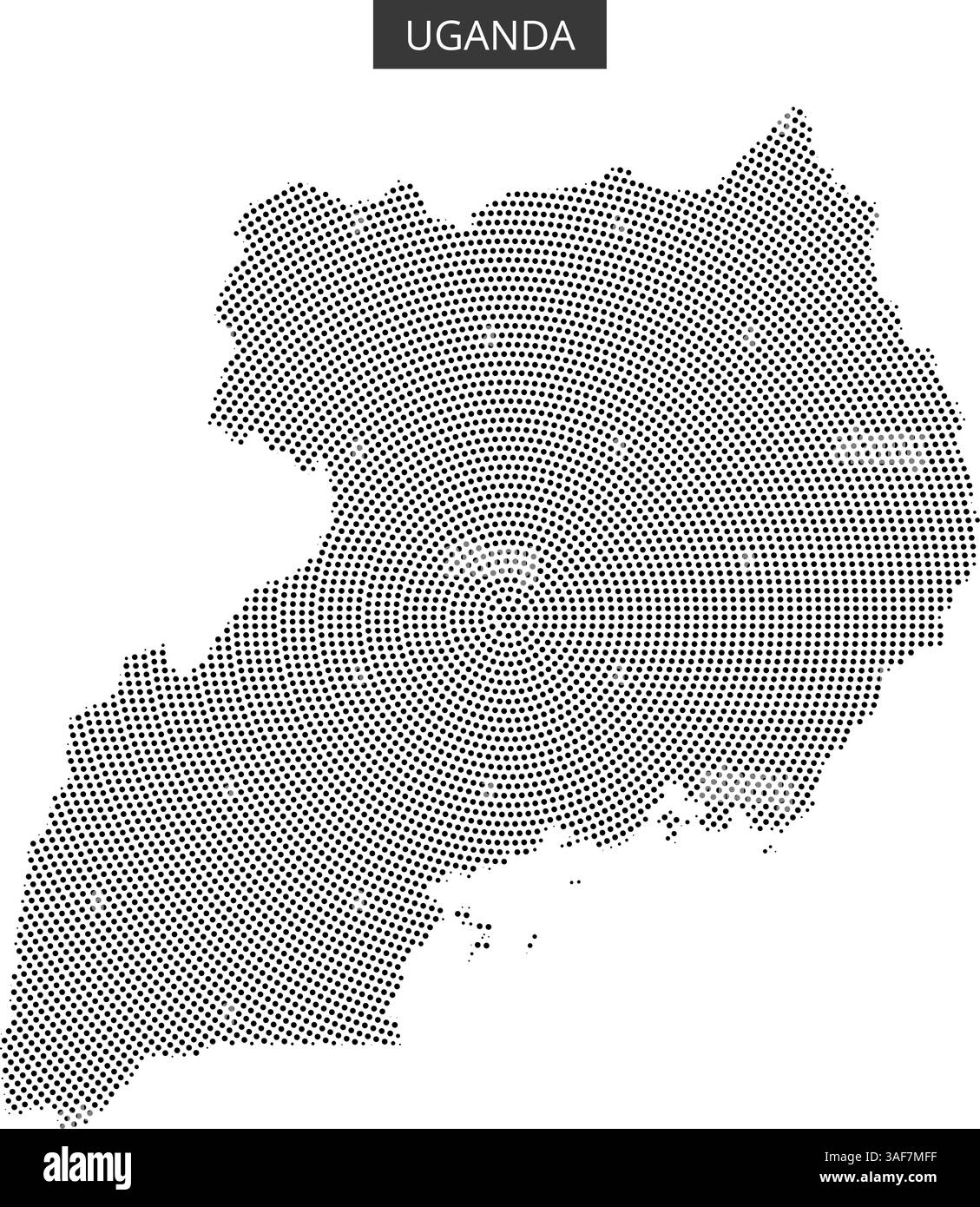 Una mappa dell'Uganda illustrata con un motivo tratteggiato, che mostra il profilo geografico e la forma distintiva del paese. Illustrazione Vettoriale