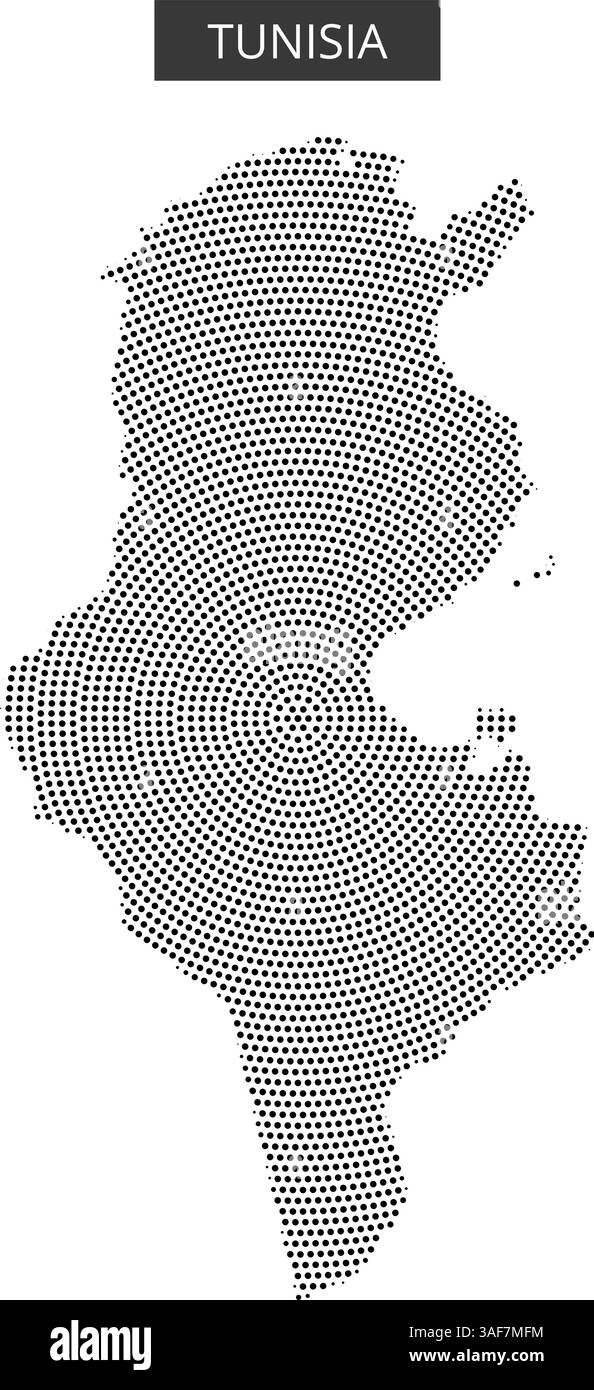 Una rappresentazione creativa della Tunisia con un contorno punteggiato, caratterizzato da linee ondulate astratte in vari colori, che aggiungono profondità al design. Illustrazione Vettoriale