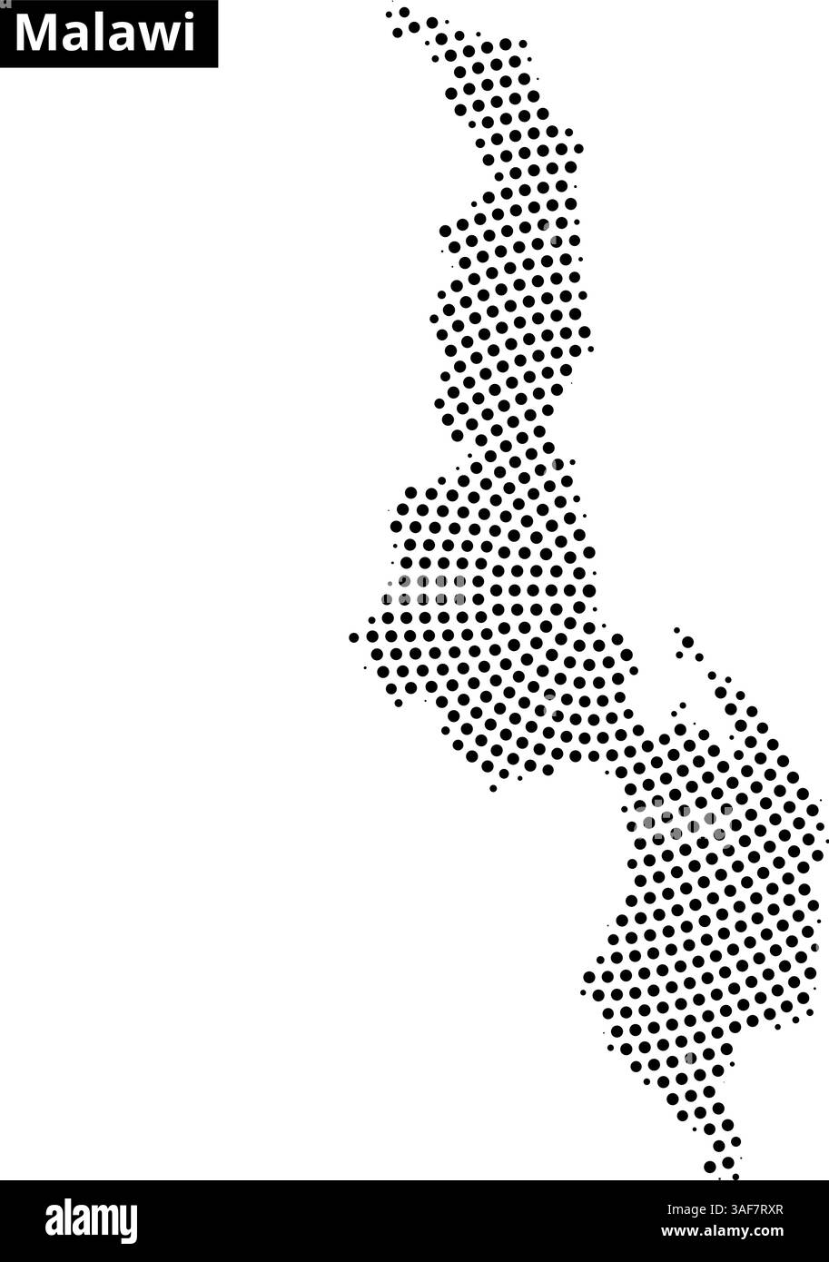 Con una rappresentazione tratteggiata del Malawi, questa mappa delinea i suoi confini geografici e le caratteristiche del lago. Illustrazione Vettoriale