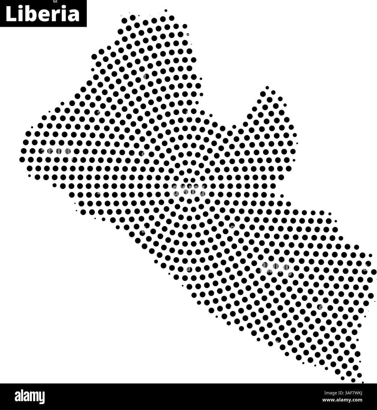 Un'illustrazione a punti delinea la mappa della Liberia, sottolineandone le caratteristiche geografiche e la forma. Illustrazione Vettoriale