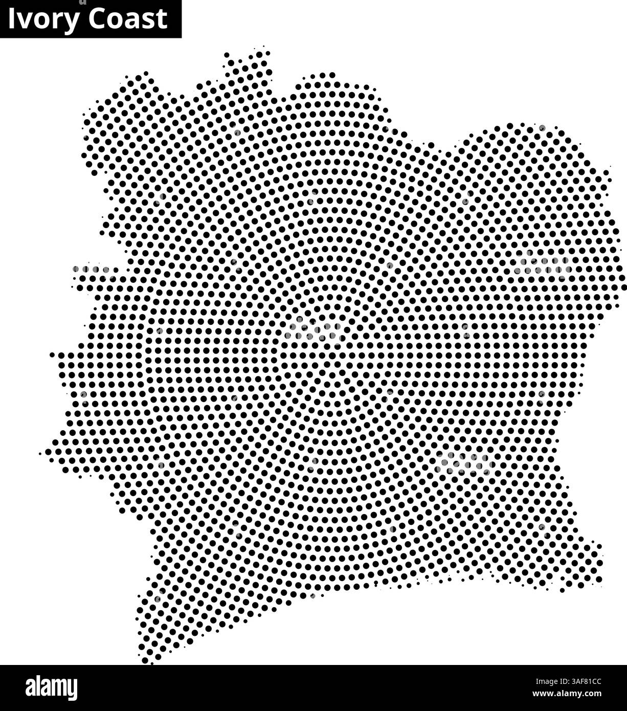 Una rappresentazione testurizzata del profilo geografico della Costa d'Avorio, evidenziandone la forma e la topografia uniche. Illustrazione Vettoriale